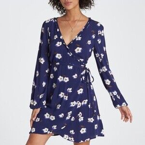 BILLABONG Ruffled Wrap Dress Mini in Deep Royal Blue Floral Print Womens Small